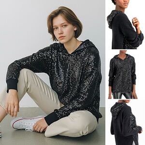 INC International Concepts Sequin-Front knit Hooded Sweater Long Sleeve Black